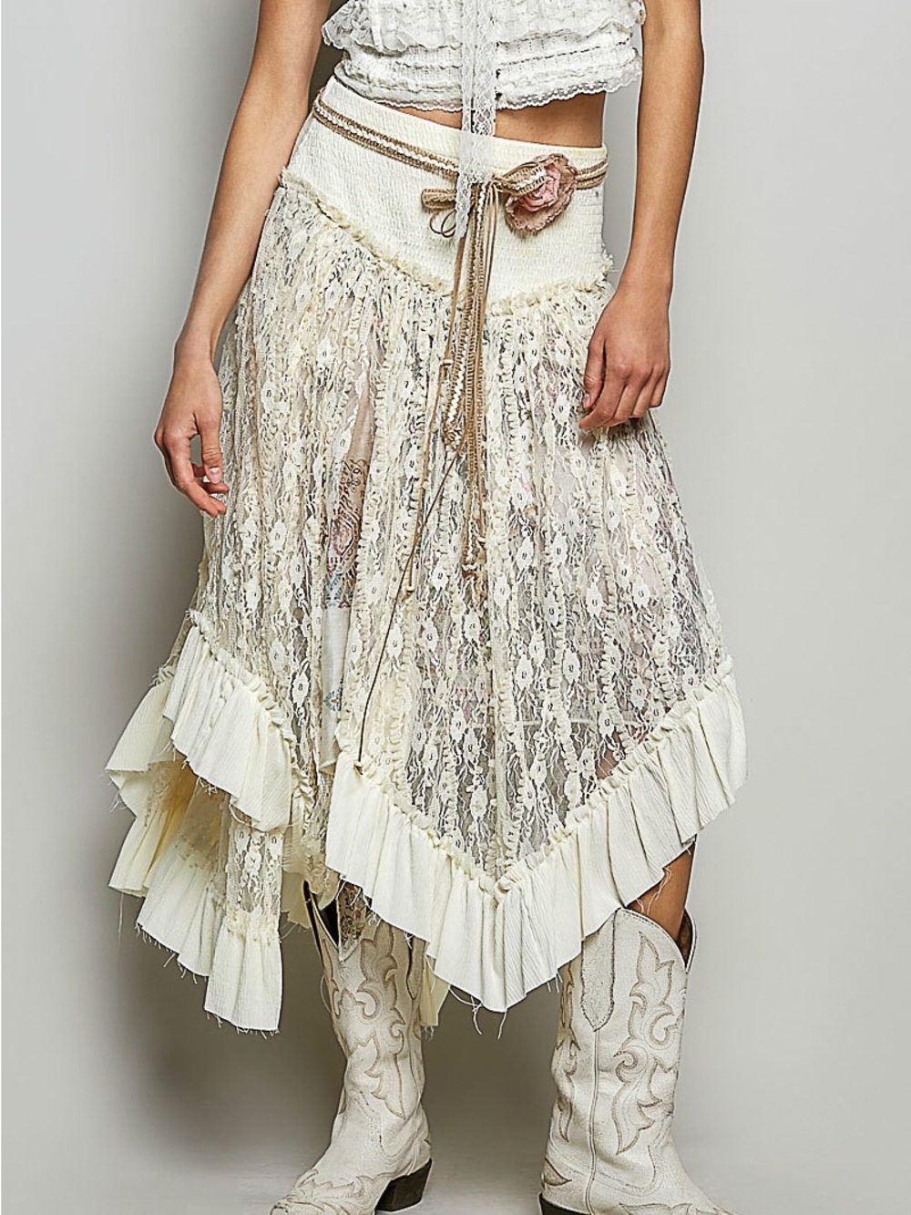 Ivory Asymmetrical Lace Maxi Skirt with Ruffled Hem - Picture 2 of 6